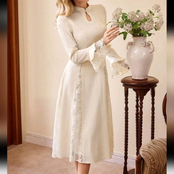 Vintage Retro A-Line Dress Chinese Collar Lace Splice Keyhole Long Sleeve,Casual - Picture 2 of 4